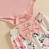 Baby Girls 3PCS Pants Sets Flying Sleeve O Neck Romper Floral Flared Pants Headband Sets