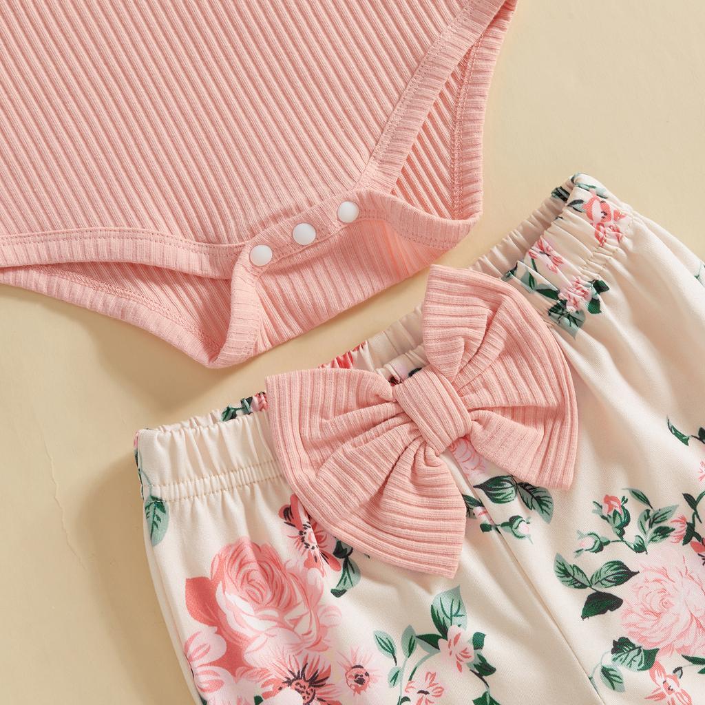 Baby Girls 3PCS Pants Sets Flying Sleeve O Neck Romper Floral Flared Pants Headband Sets