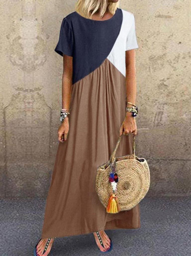 2023 Geometric Color Block Patchwork Long Summer Beach Dress