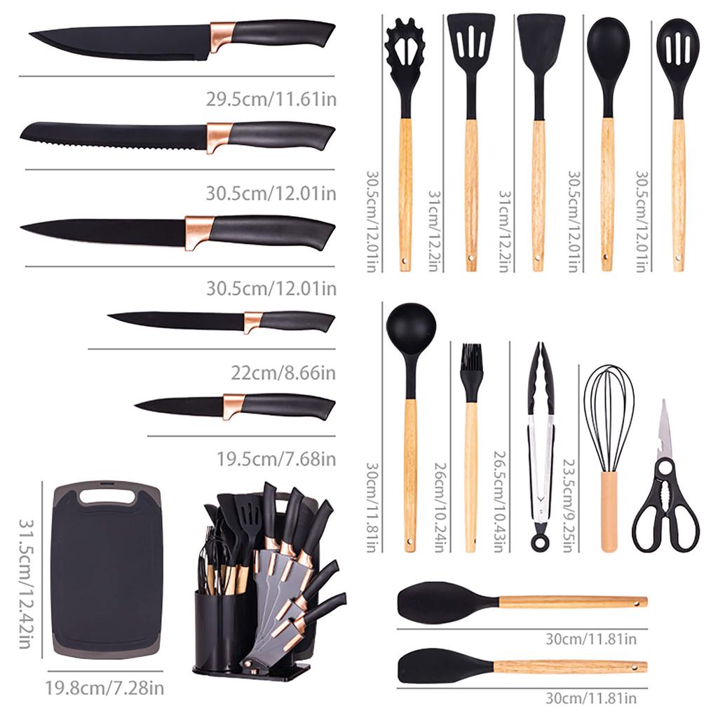 19pcs Premium Silicone Kitchen Utensil & Knife Set - Heat-Resistant, Non-Stick Safe Cooking Tools With Wooden Handles & Chef Knives