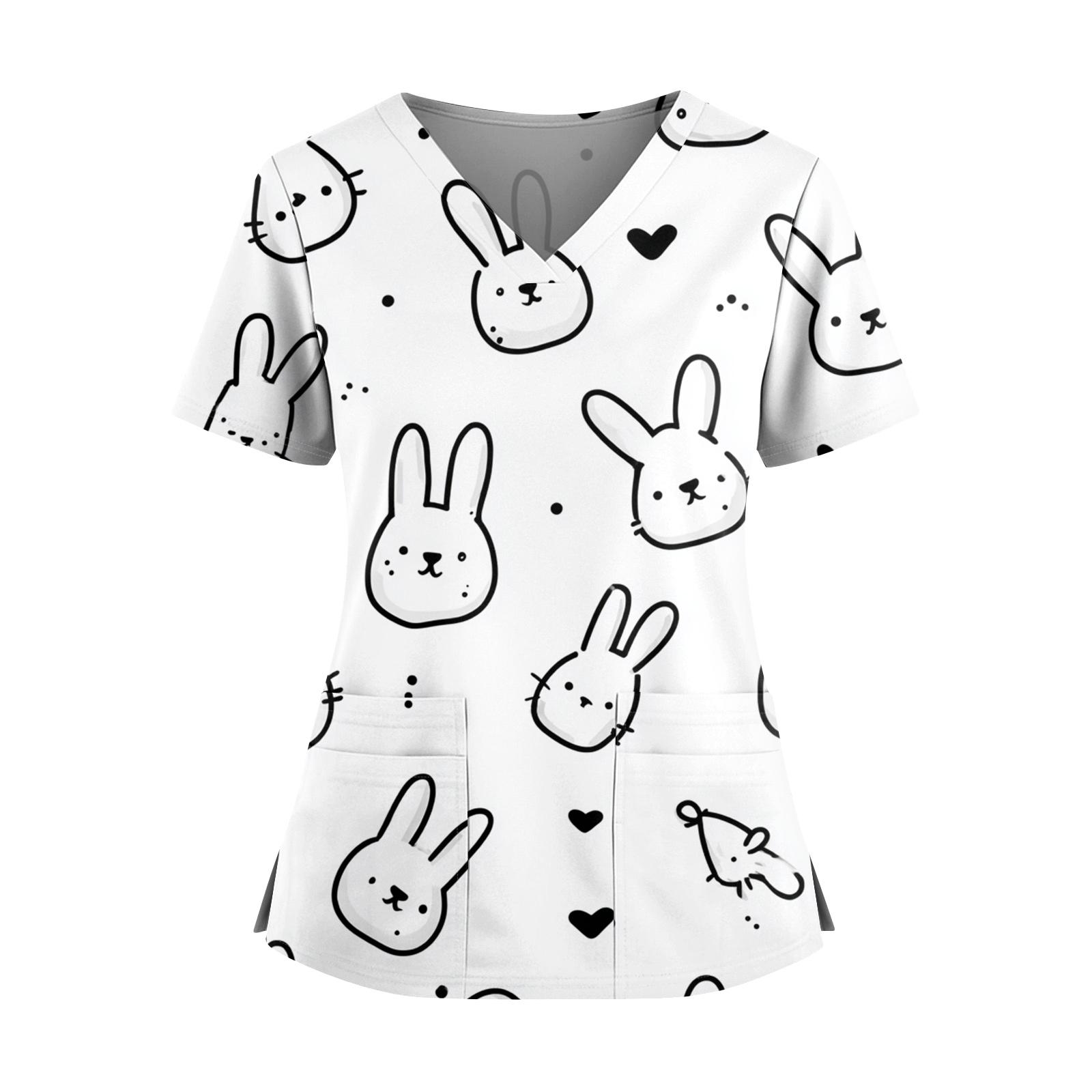 

Women s Easter Print V-Neck Double Pocket Short Sleeve Uniform Top With Slit Hem XL білий