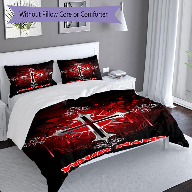 3PC Custom Name Elegant Gothic Cross Bedding Set Duvet Cover Closure Includes 1 Duvet Cover & 2 Pillowcases for Bedroom