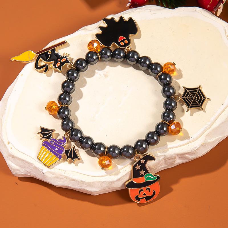 Halloween Beaded Stretch Bracelet for Women Ghost Pumpkin Spider Cat Witch Charm Costume Jewelry