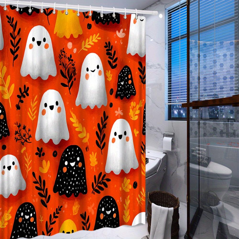 1Pc Halloween Ghost Leaf Shower Curtain - Orange Background And Yellow Leaves, Polyester Fabric, Machine Washable