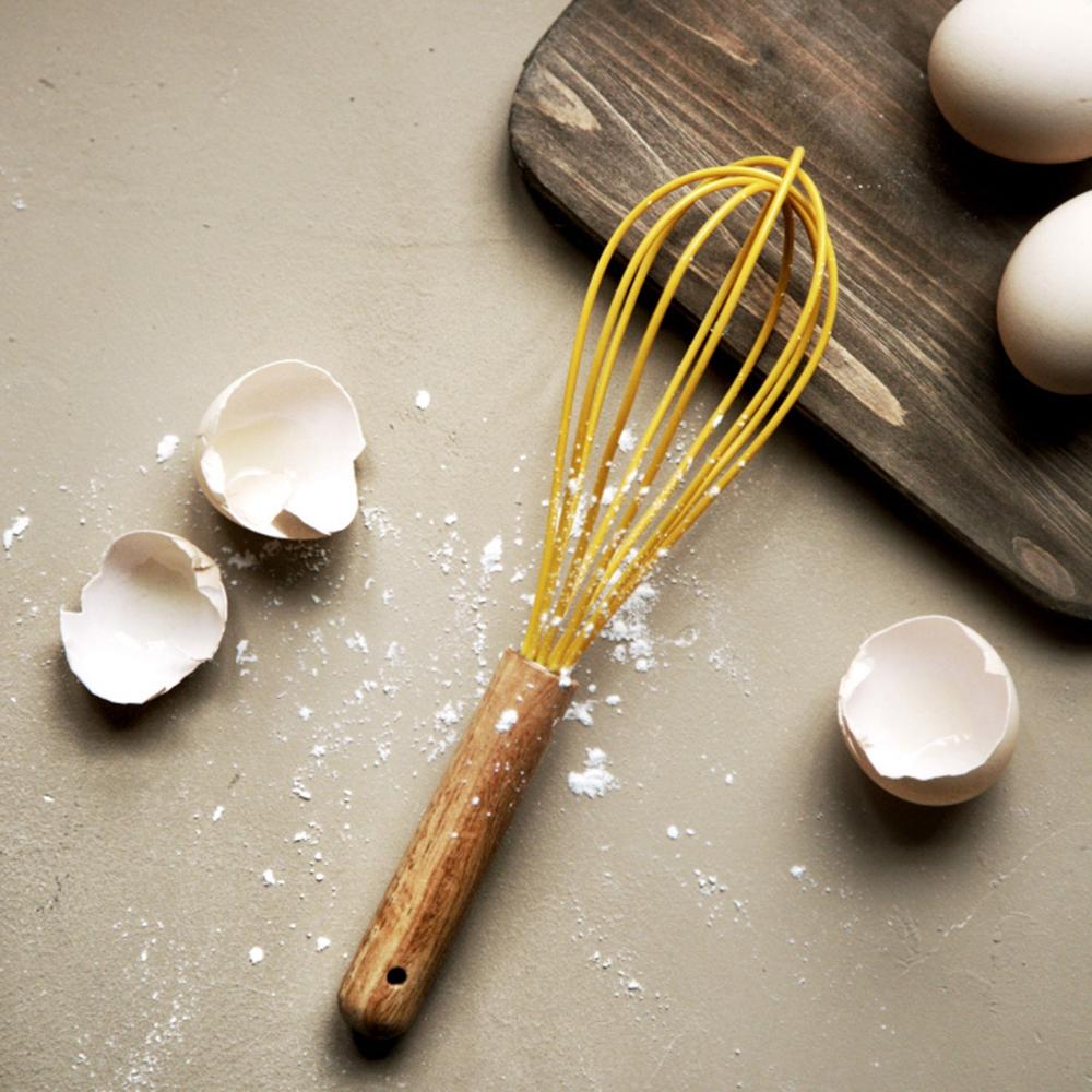 Kitchen Home Wooden Handle Manual Cream Stirring Silicone Blender Egg Beater Whisk Mixer Frother