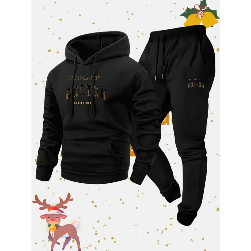 Spring and Autumn Warm Men's Hoodie Set Sports and Leisure Two Piece Set Boston Printed Hoodie and Casual Pants Combination