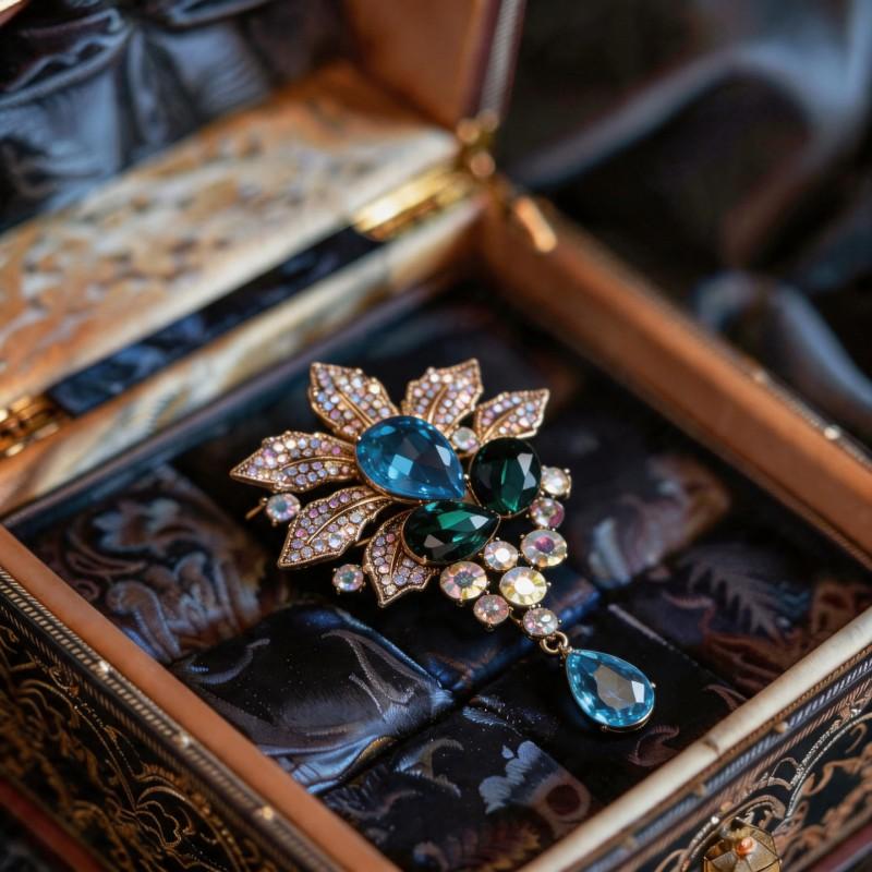 Vintage Floral Brooch With Austrian Crystal Embellishment Women Elegant Retro Pin Accessory