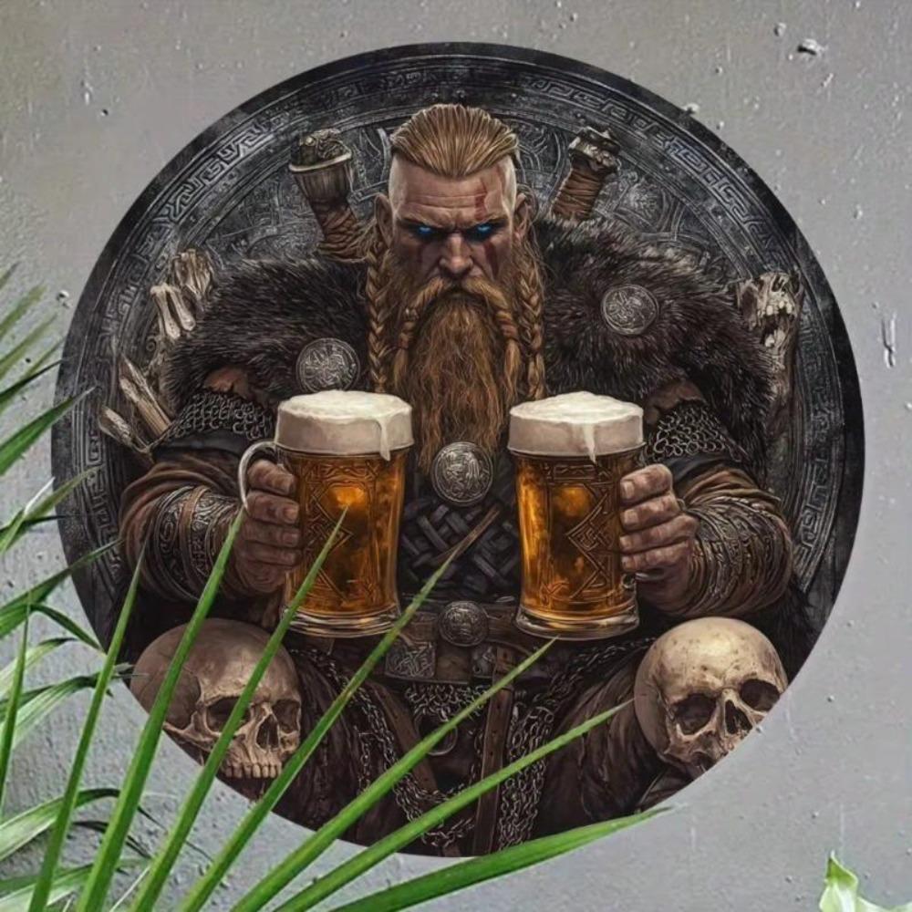 Viking Beer Round Aluminum Wall Art Norse Mythology Metal Sign Decor