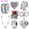 925 Silver Rose Gold Pink Zircon Love Heart Charms Beads Fit Bracelet Jewelry Women Diy Accessories Anniversary Gift
