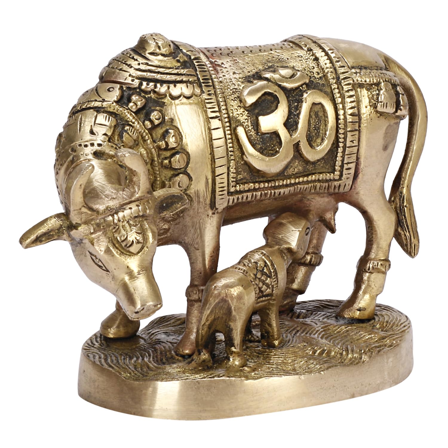 Металлическая латунная статуэтка коровы Камадхену с теленком, резьба Гау Мата, идол Ом и Свастика