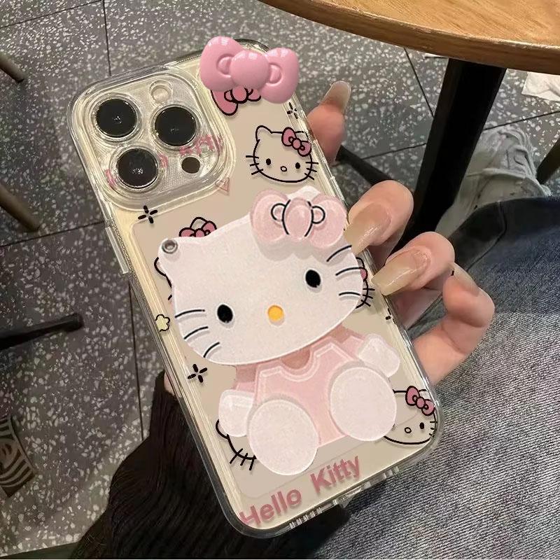 Full Screen Hello Kitty KT Head Bow Phone Case For iPhone 16 15 14 13 Pro Max 11 12 13 Pro X XR 7 8 Plus Cute Girl Y2K Cover