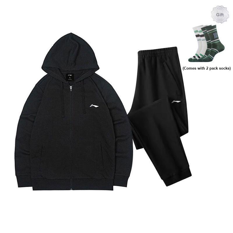 Li Ning Solid Color Fleece Hooded Jacket Logo Print Cuffed Fleece Sports Pants Casual Sports Suit Men Sportswear Black YWDT477-1+AKLTC13-1