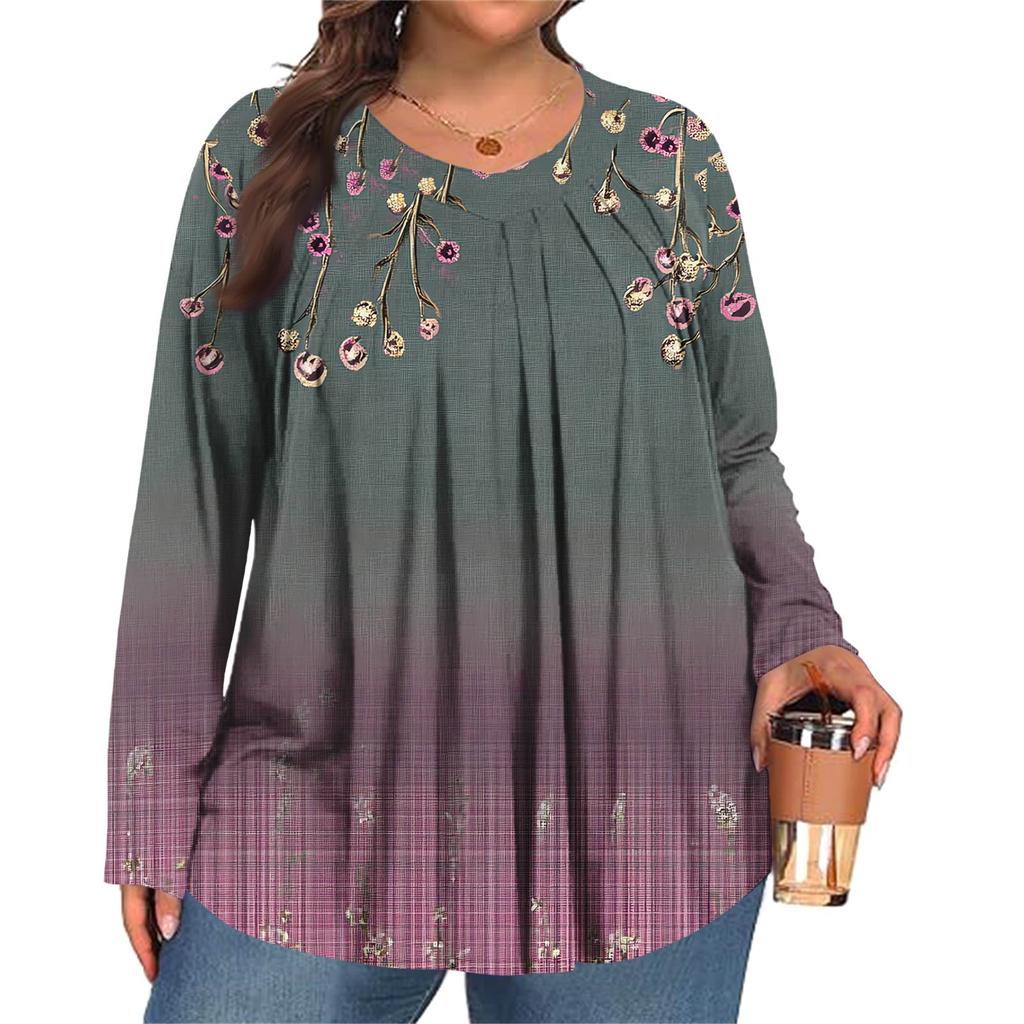 Dámská móda plus size Tištěný ležérní plisovaný top s kulatým výstřihem a dlouhým rukávem