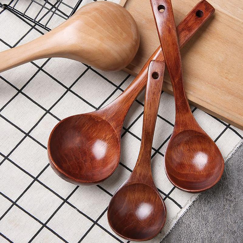 1Pieces Wooden Spoon Soup Ladle Kitchen Utensils Tableware Cooking Catering Supplies Non Stick Pot Outdoor Tableware