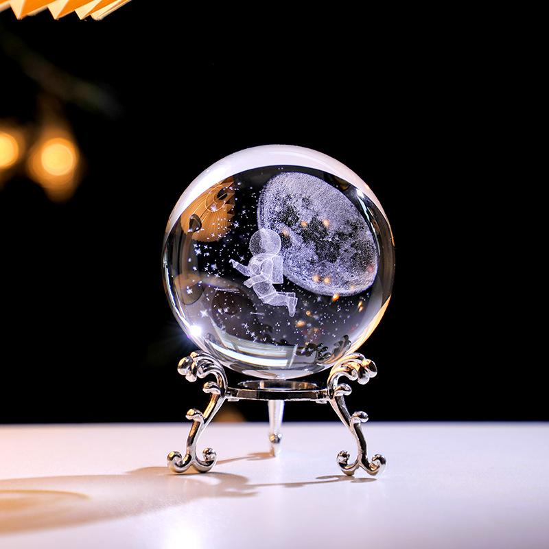 Enchanting 3D Moon & Stars Laser-Engraved Crystal Ball - Perfect For Home, Office, Or Cafe Decor   Ideal For Living Room, Desk D