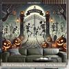 1 Piece of 2D Background Fabric, a Skeleton Pumpkin Lantern Dancing In the Cemetery, Vibrant Polyester Background Fabric