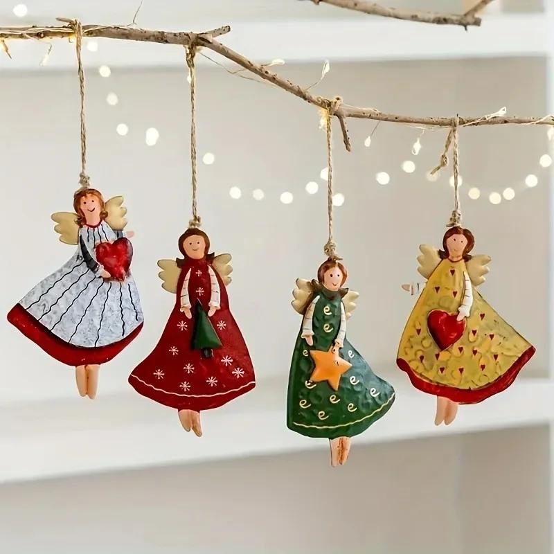 4 Stück Vintage Engel Fantasy Holzornamente Set Weihnachtsbaumdekorationen Navidad Festliche Wohnakzente Neujahrsgeschenk