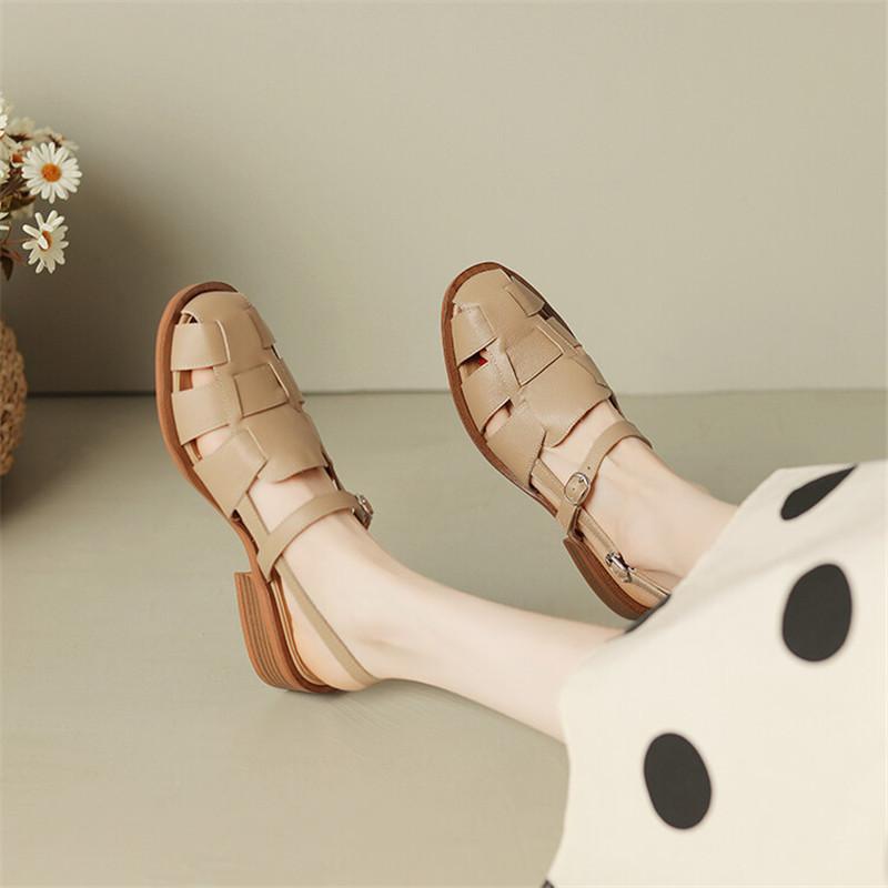 Fashion 2025 Summer Sandals Cowhide Round Toe Women Sandals Chunky Heel Women Shoes Cover Toe Shoes for Women Hollow Out Roman Shoes