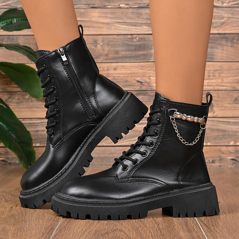 Fashion Black PU Leather Ankle Boots for Women Fashion Chain Decor Motorcycle Platform Boots Woman Autumn Winter Zip Lace Up Botas Mujer