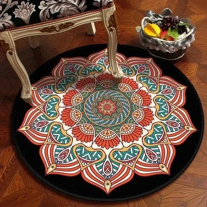 Retro Mandala Pattern Round Carpet, Room Home Decoration, Bedroom Kids' Cushion, Non-Slip Floor Mat Living Room Chair Mat