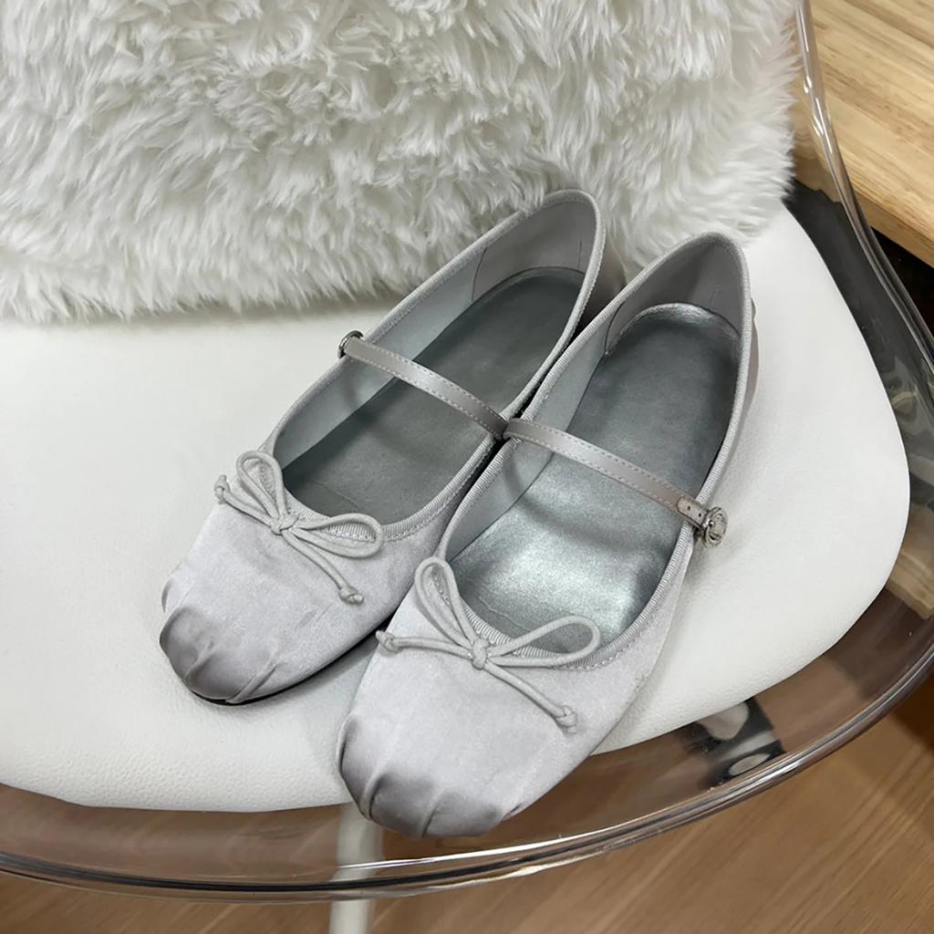 Sheepskin Version~ Bow-tie Ballet Shoes Gentle One-pedal Flats Silver Mary Jane Single Shoes Women