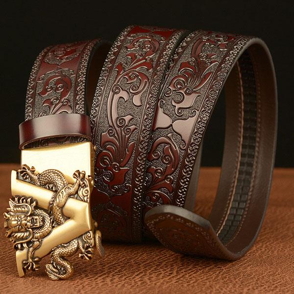 Högkvalitativ herrko läderbälte Personlighet Kran Retro Drakklo Automatiskt spänne Läderbälte Byxbälte