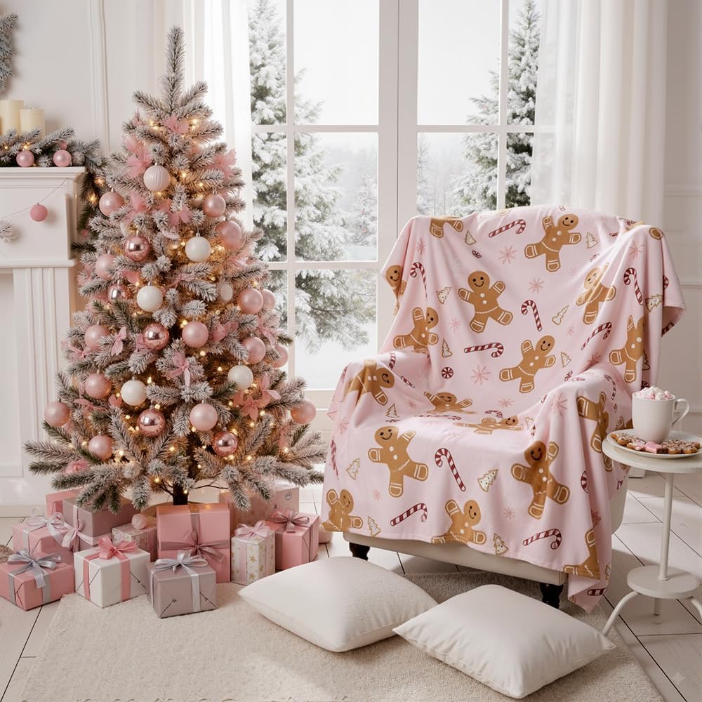 Pink Flannel Gingerbread Man Bed Blanket, Lightweight Cozy Christmas Blanket for Couch Sofa Bed Living Room Home Decor Gifts