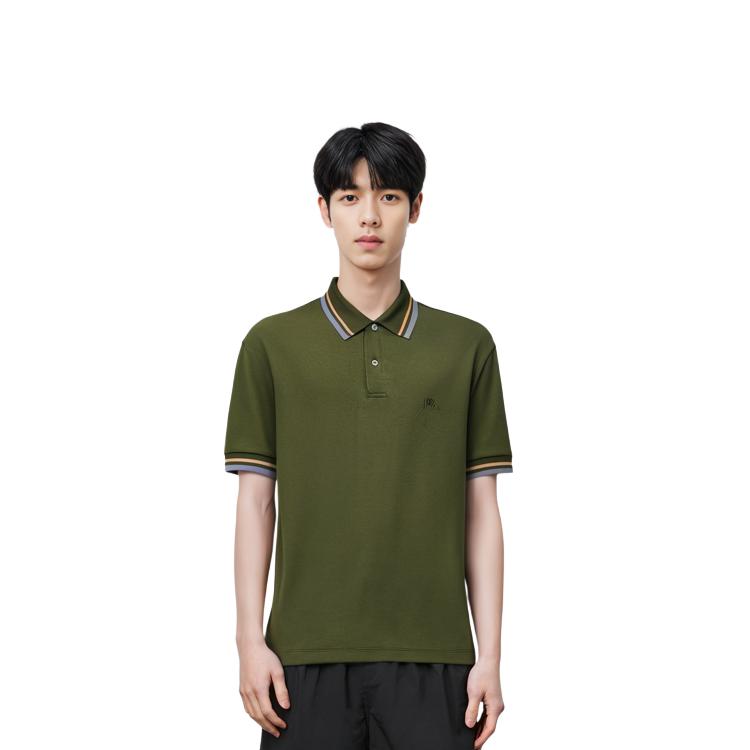 Uniqlo Solid Color Striped Trim Short Sleeve Polo Shirt Men Tops Dark-Olive-Green 458078-57