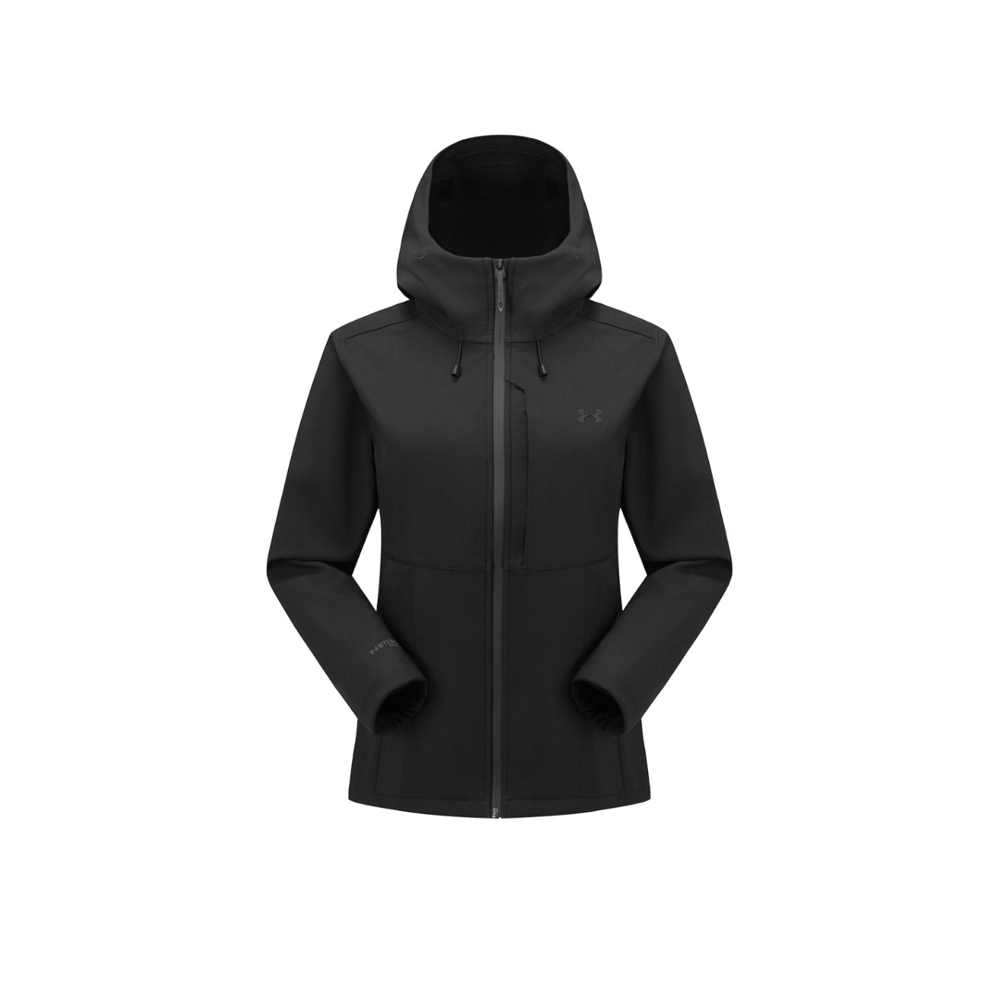 

Ветрозащитная Теплая Дышащая Куртка Софтшелл с Капюшоном Under Armour Женские Куртки Сумерки-Черный 14422257-0020 XS