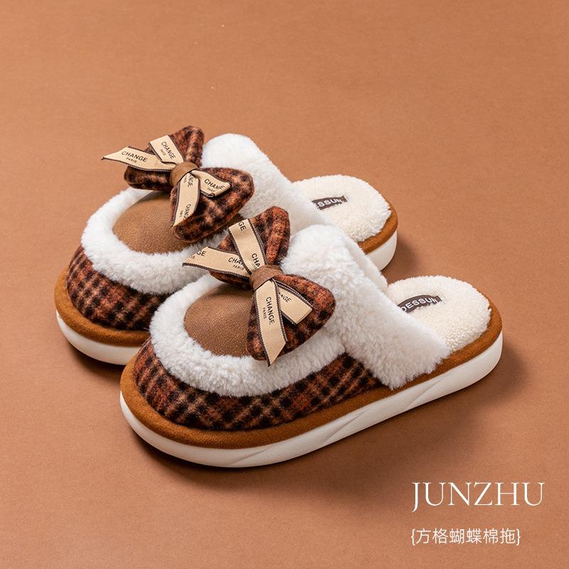 New winter warm women's bow cotton slippers warm and non-slip indoor home thick-bottomed fluffy slippers