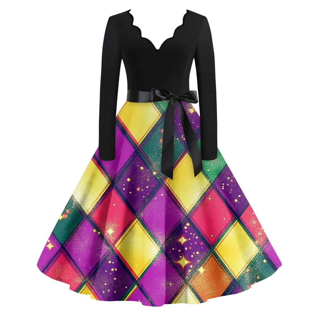 Women's Casual Fashion V Neck Long Sleeve Printed Vintage Long Dress