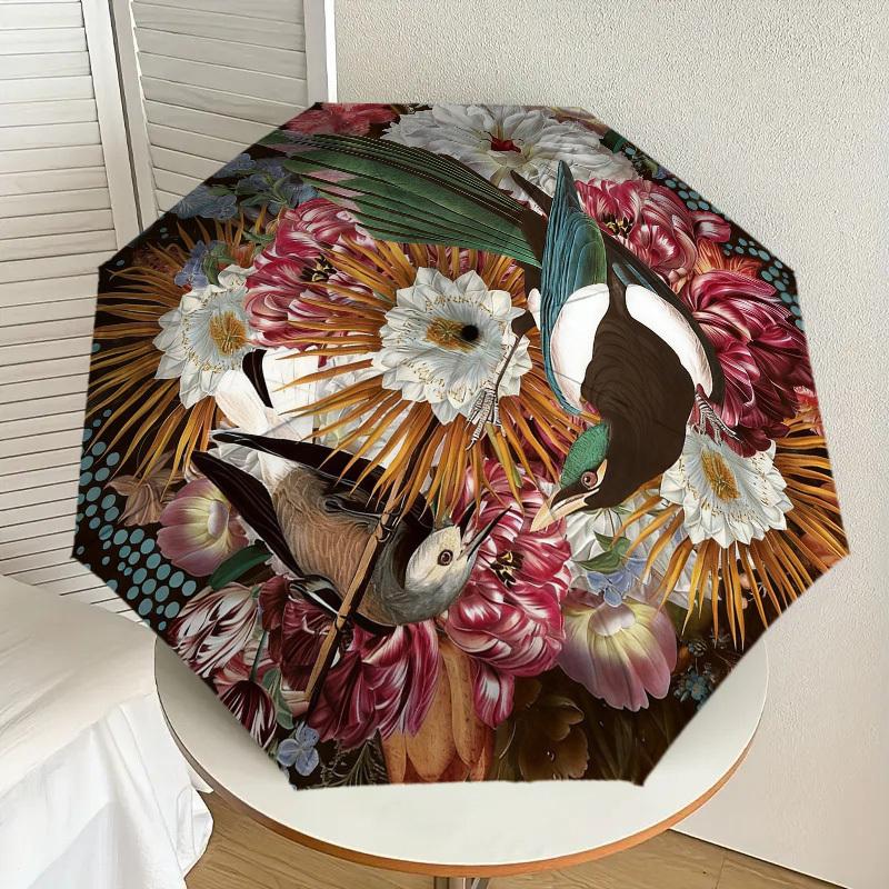 1pc Floral Birds Automatic Folding Umbrella, Heavy Duty 8 Rib Iron Frame,  Suitable for Travel, Daily Use, Birthday, Decor Gift M0104037