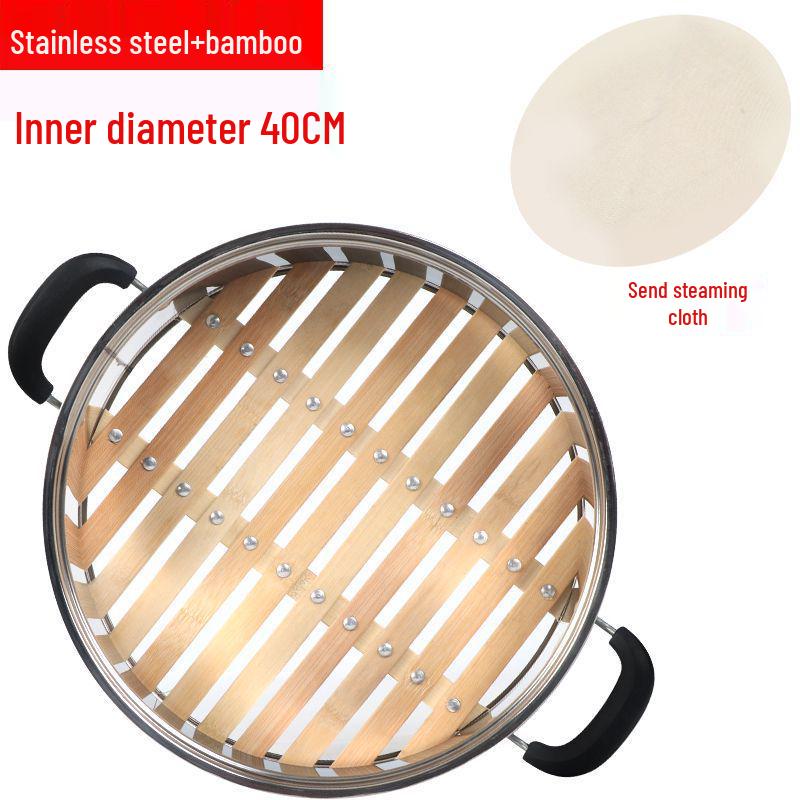 Thickened Bamboo and Stainless Steel Steamer Basket with Trivet and Steaming Rack