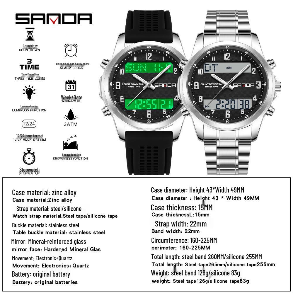 SANDA Multifunctional Luminous Student Watch - Classic, Fashionable, Waterproof with Timer & Alarm.