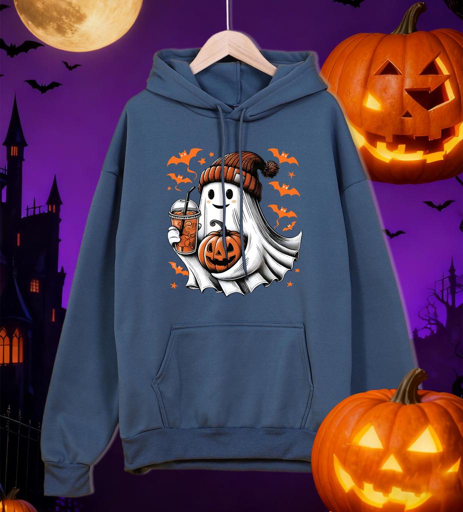 Happy Halloween Iced Drinks Ghost Design Men Hoody Autumn Hip Hop Pullover All-Match Oversized Hoodie Fleece Pocket Sportswear