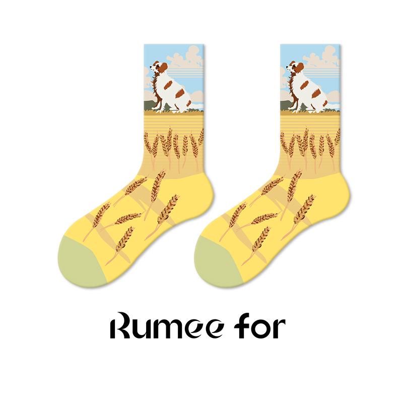 Women's Retro Oil Painting Mid-Calf Socks - 2025 Autumn Cotton Trend, Boneless Design for Couples
