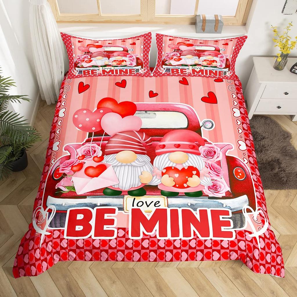 Valentines Day King Duvet Cover Romantic Bedding Set Kawaii Couple Gnome Comforter Cover Pink Rose Hearts Polyester Quilt Cover