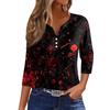 Damesmode Casual Halloween Print V-hals Korte Mouw Decoratieve Knop Driekwart Mouw T-shirt Top