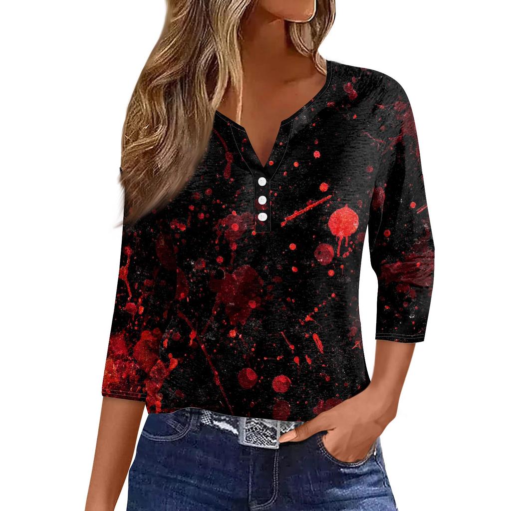 Damesmode Casual Halloween Print V-hals Korte Mouw Decoratieve Knop Driekwart Mouw T-shirt Top