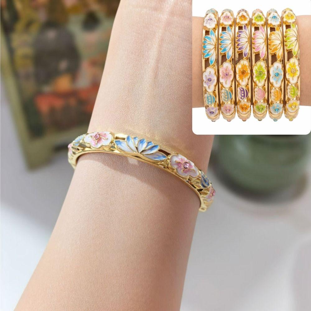 Gold Plated Enamel Floral Bangle Elegant Lotus Floral Open Cuff Bracelet Cloisonne Bangle Ladies