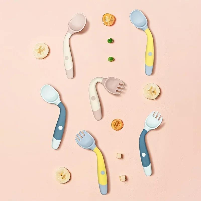 1 Pair Silicone Spoon for Baby Bendable Soft Fork Children Feeding Training Tableware Silicone Soft Fork Spoon Set Tableware