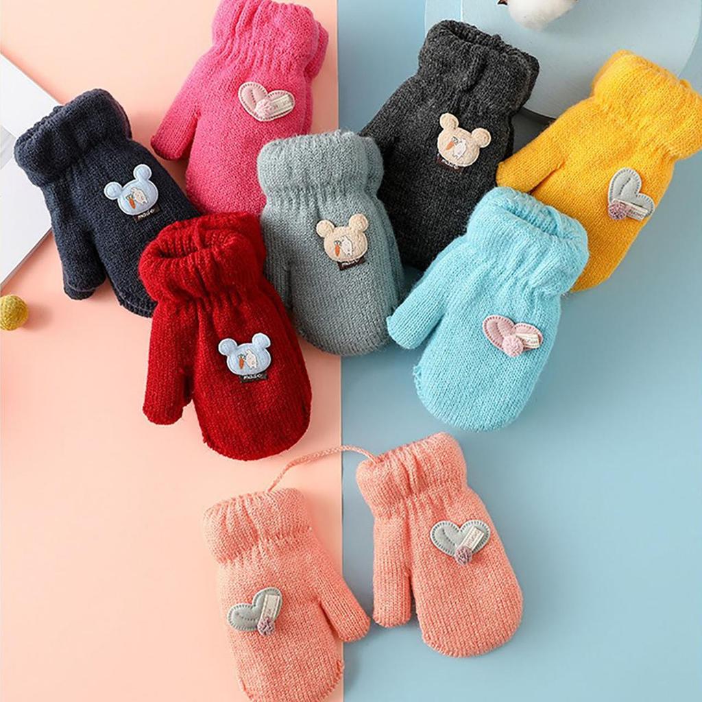 Cute Cartoon Knitted Baby Mittens Winter Thicken Plush Warm Gloves For Kids Windproof Outdoor Boys Girls Full Finger Gloves