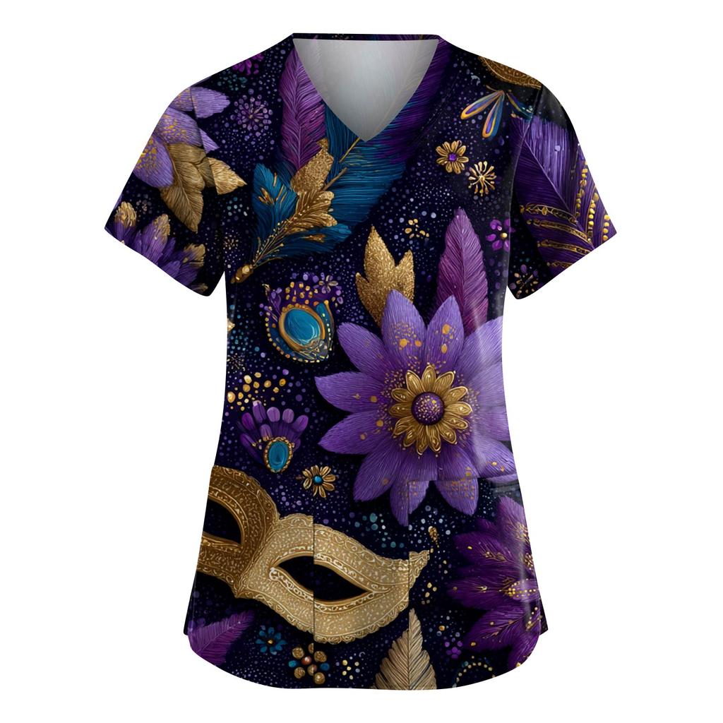 Women's Fashion V-Neck Short-Sleeved Workwear With Pockets Carnival Print Top Caregiver Uniform