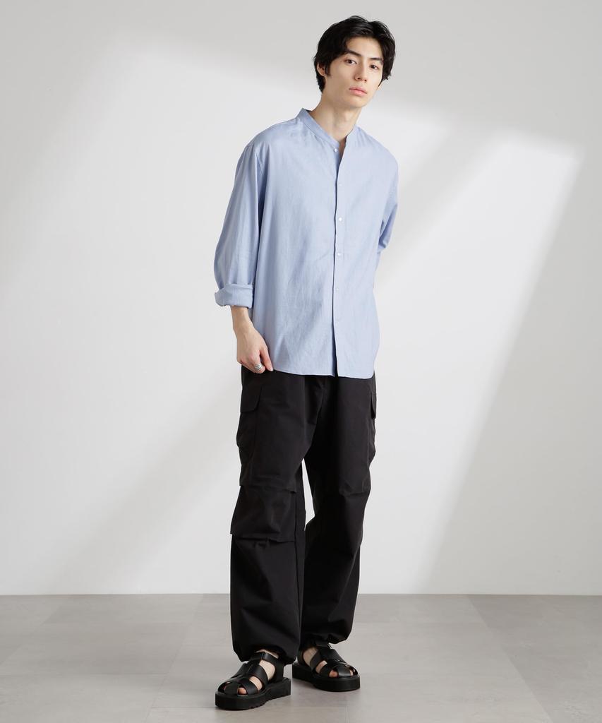 Nano Universe Anti-Smell Linen Band Collar Long Sleeve Shirt, Men's, Size S (115cm), Sax (Product Code: 672-5120208)