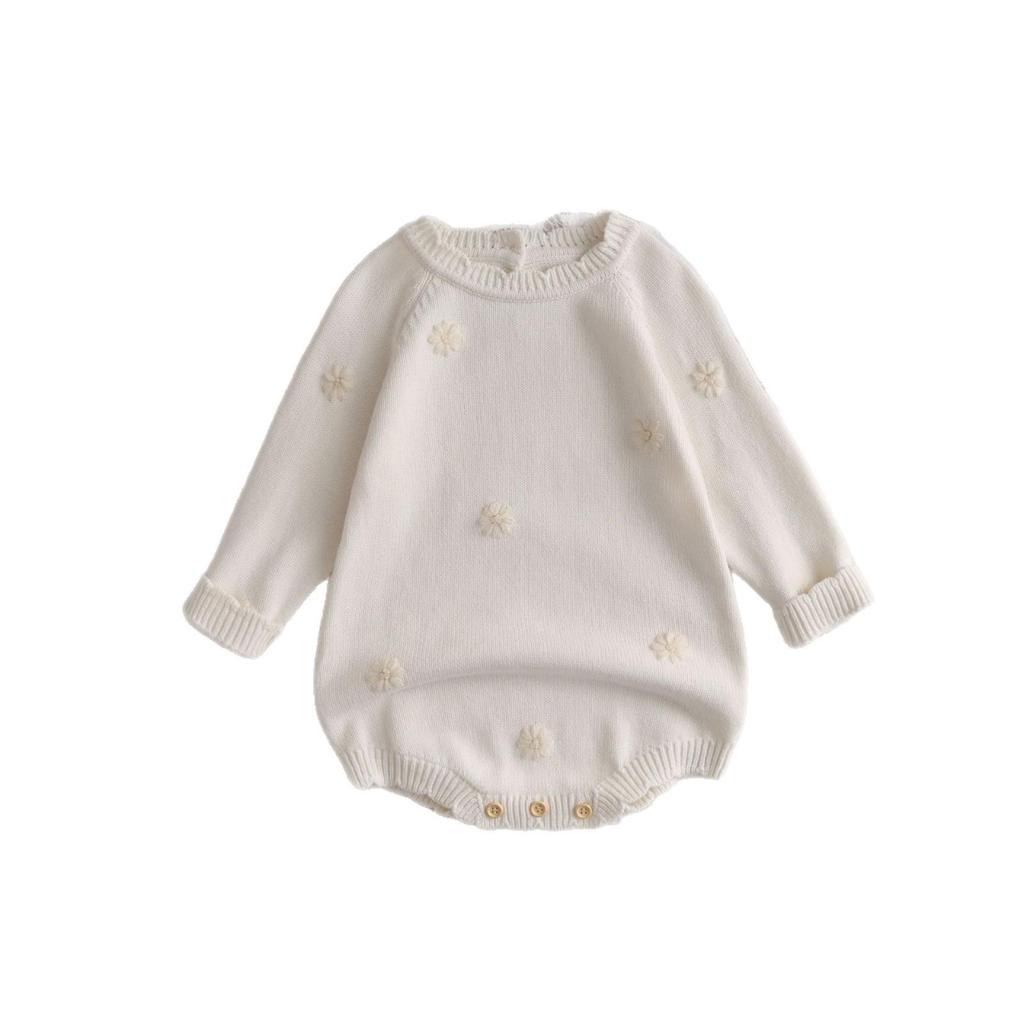 Spring Style Cotton Romper: Infant & Toddler Sweater with Hand-Crocheted Flowers, Long Sleeve, 0-2 Years