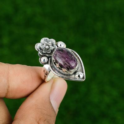 Natural Ruby Zoisite 925 Silver Stackable Flower Adjustable Ring For Women