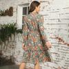 Autumn Winter Women Long Sleeve Print Elegant V-neck Casual A-Line Knee-Length High Waist Dress