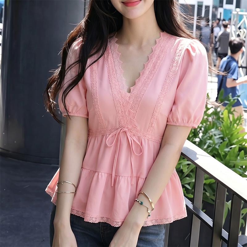 ZANZEA Women Elegant Lace Splice V-Neck Casual Short Sleeve Blouse