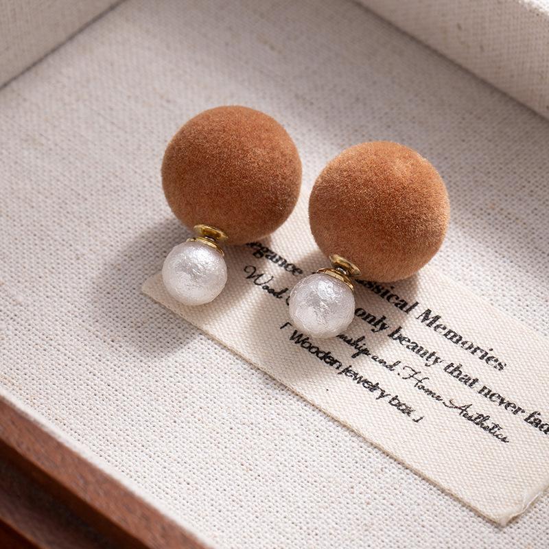 

Ankola Red Flocking Pearl Harbor Style Stud Earrings Two Wearing Simple Ball Earrings Premium Retro Earrings