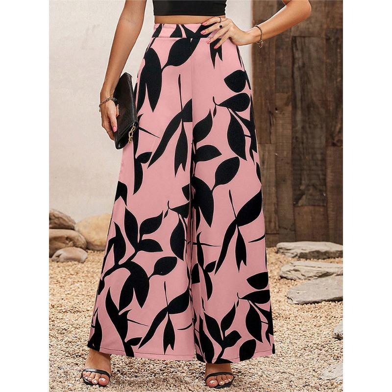 

Летний новый стиль шифон принт листья темперамент высокая талия повседневные брюки женщины S розовый